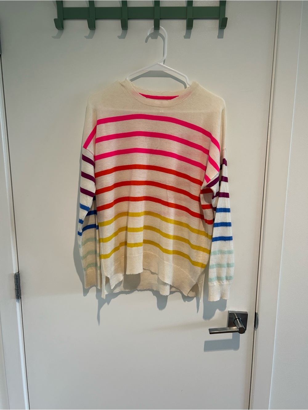 Sundry Cream Crewneck Sweater with Rainbow Stripes